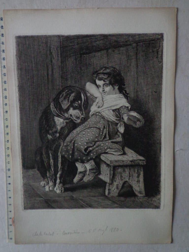 Fraaie ets van Charles Verlat uit 1880 "Convoitise", Antiquités & Art, Art | Eaux-fortes & Gravures, Eau-forte, Signé, Vie quotidienne