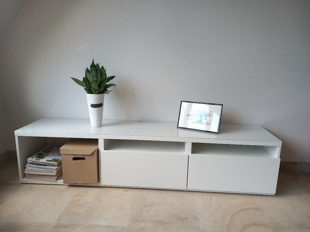 TV-meubel, wit. 180x40x38. Met 2 lades. BESTA Ikea, 25 à 50 cm, Moins de 100 cm, 150 à 200 cm, Comme neuf