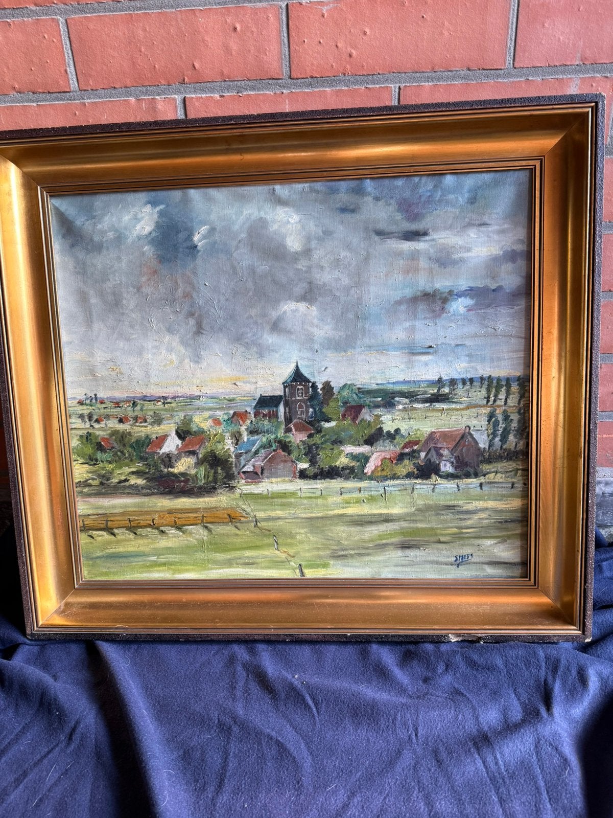 Schilderij met uitzicht op de kerk van Kaggevinne, Antiek en Kunst, Ophalen, Klassiek, Olieverf