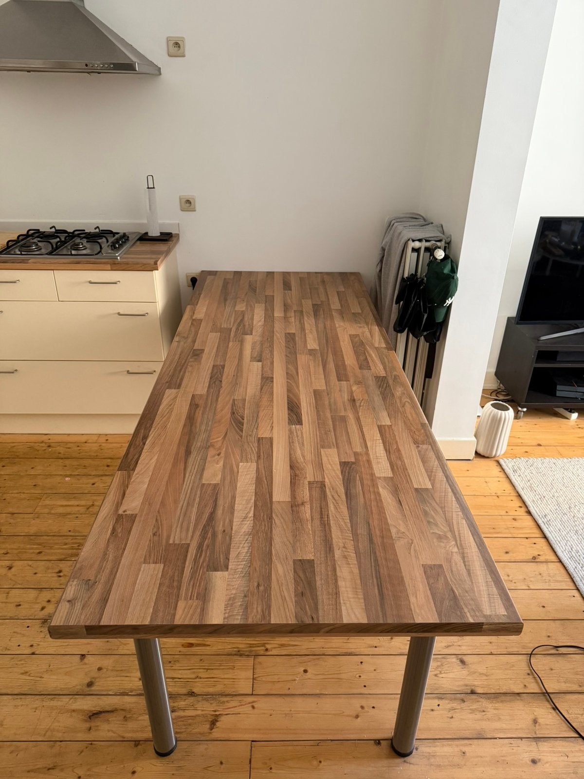 Houten eettafel met metalen poten, bieden, Ophalen, Gebruikt, 200 cm of meer, 50 tot 100 cm