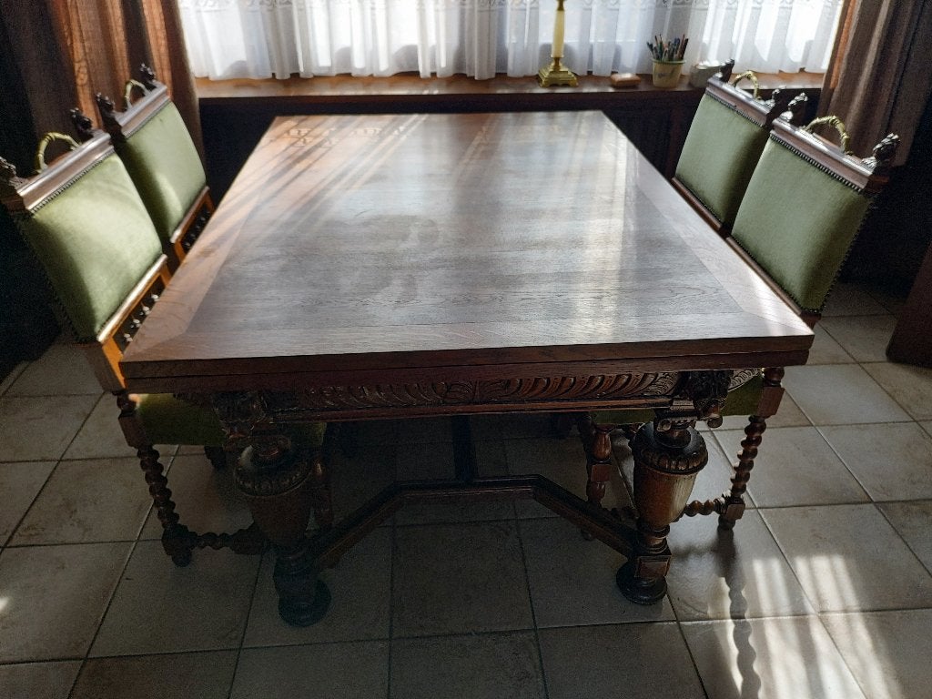 tafel en zes stoelen, Huis en Inrichting, Tafels | Eettafels, Gebruikt, Eikenhout, Vijf personen of meer, Rechthoekig