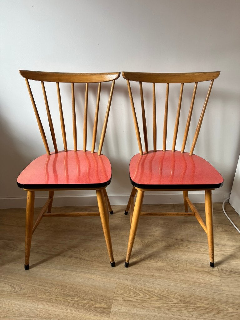 Vintage spijlenstoelen met rode formica zitting, Ophalen, Vintage jaren 60, Gebruikt, Twee