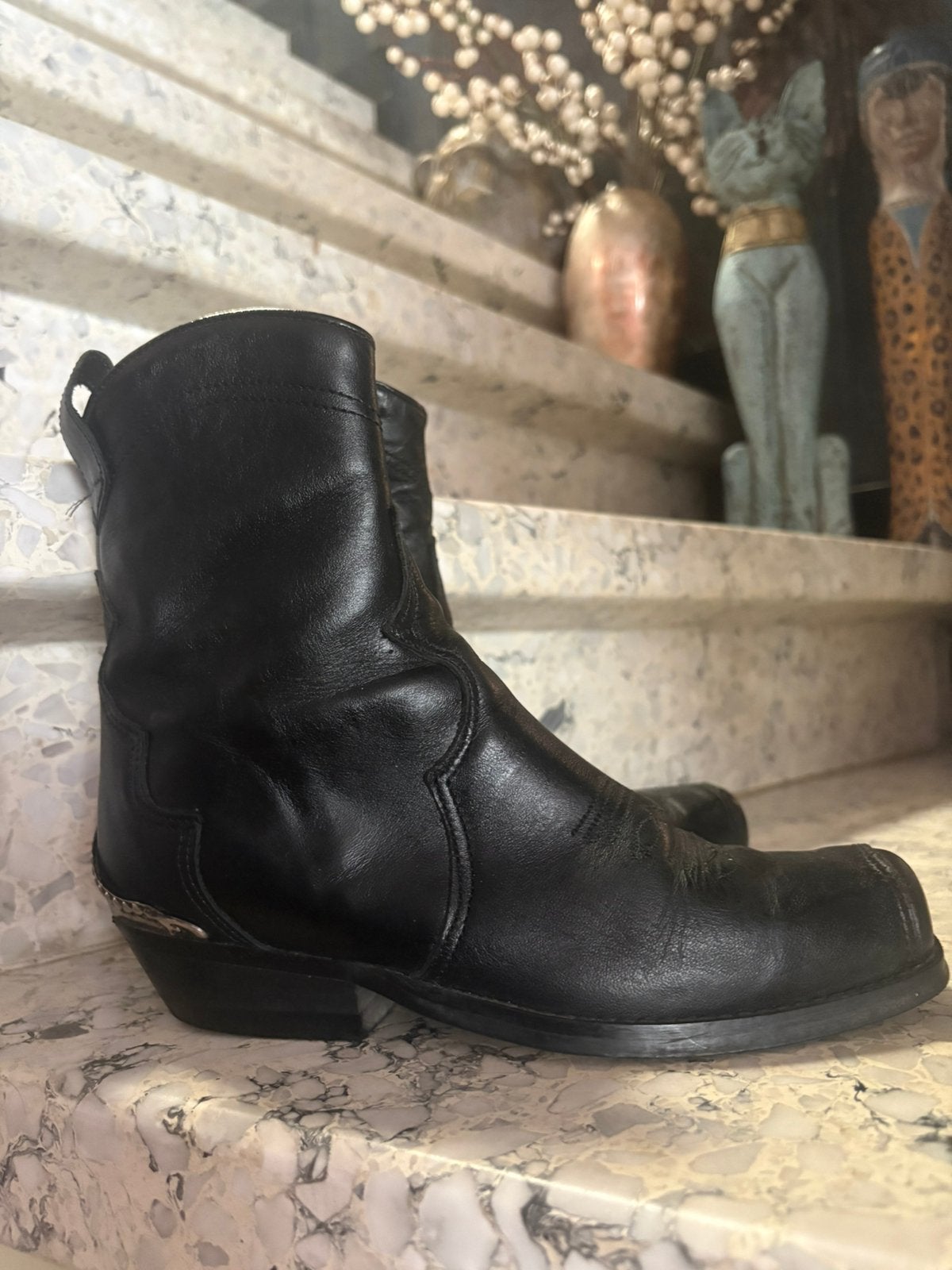 Vintage zwarte lederen cowboy enkellaarzen (37), Kleding | Dames, Ophalen of Verzenden, Zo goed als nieuw