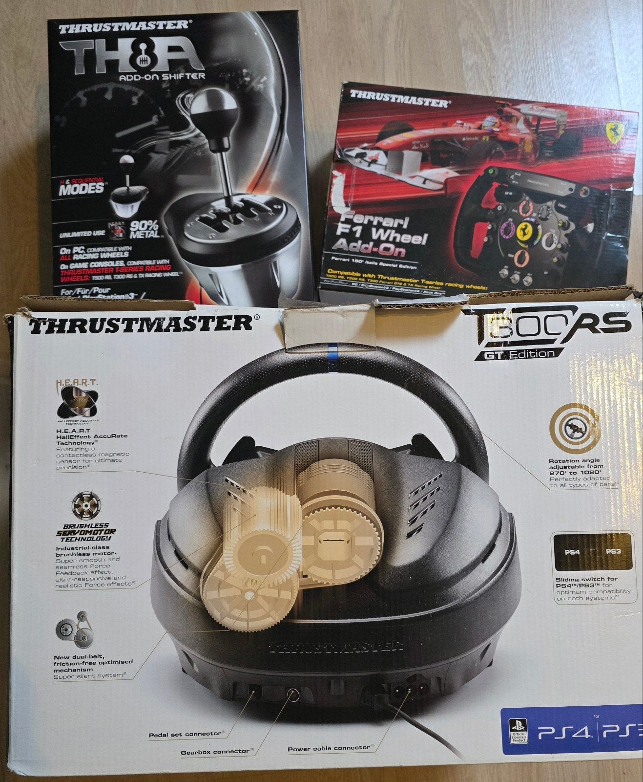 setup sim racing trusthmaster T300RS + LV TH8a + support, Consoles de jeu & Jeux vidéo, Enlèvement, Comme neuf, Volant ou Pédales