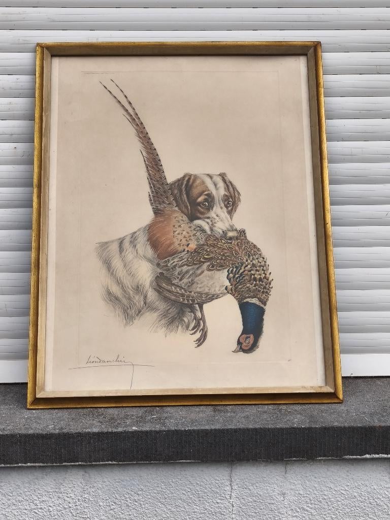 Gravure chien chasse signe Léon danchin, Antiek en Kunst, Kunst | Etsen en Gravures, Ophalen of Verzenden