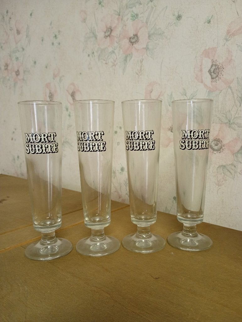 Lot van 4 vintage Mort Subite bierglazen, Ophalen, Zo goed als nieuw, Bierglas