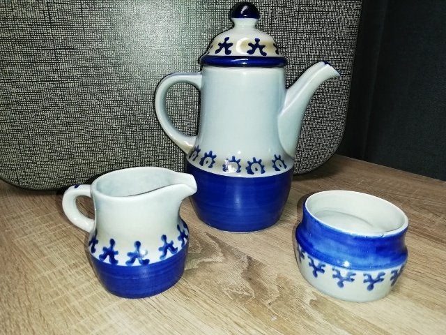 Vintage vuurvaste keramische koffiepot en roomstel Waku., Ophalen of Verzenden