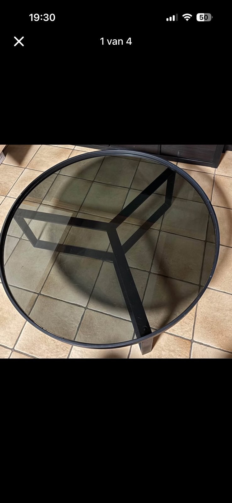 Ronde glazen stalen salontafel 90cm, Ophalen, Gebruikt, Rond