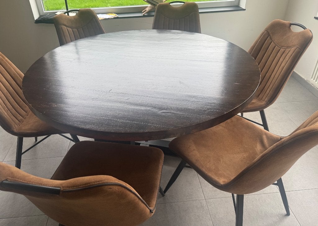 Eettafel en 6 stoelen, Huis en Inrichting, Ophalen, 100 tot 150 cm, Rond, Vijf personen of meer