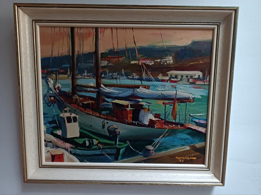 Olieverf schilderij van een haven, Antiek en Kunst, Ophalen