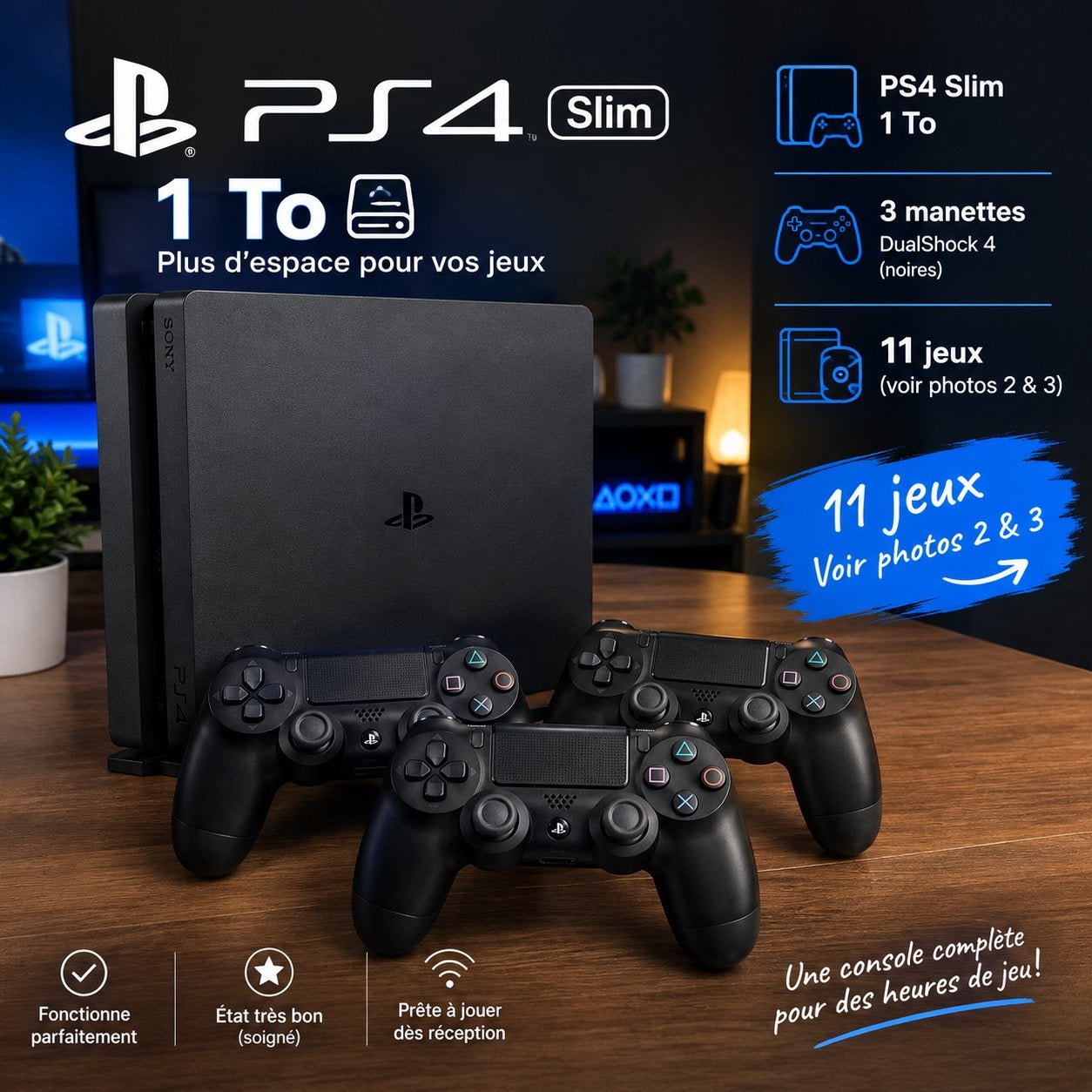 PlayStation 4 Slim 1 To – 3 manettes + 11 jeux – Excellent, Enlèvement, Comme neuf