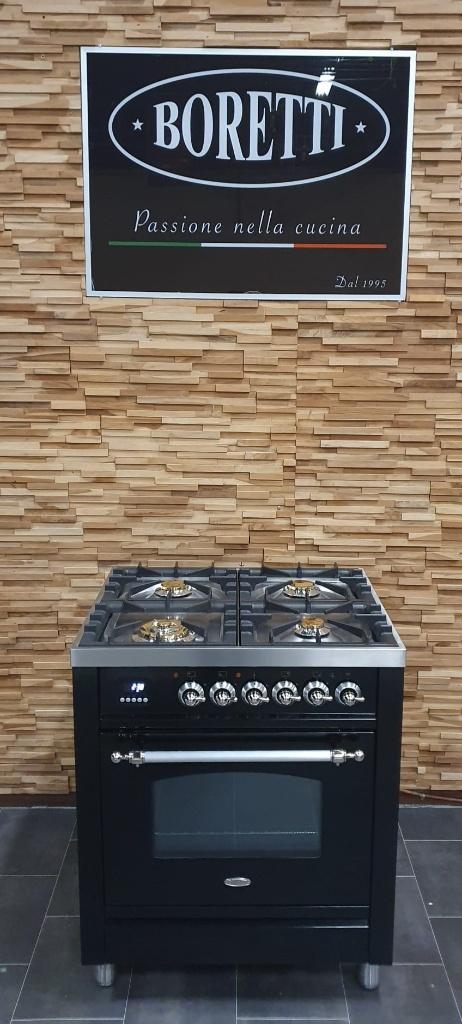 Luxe Boretti Fornuis 70cm hoogglans zwart + rvs 300° oven, Elektronische apparatuur, Fornuizen, Ophalen, 60 cm of meer, 4 kookzones
