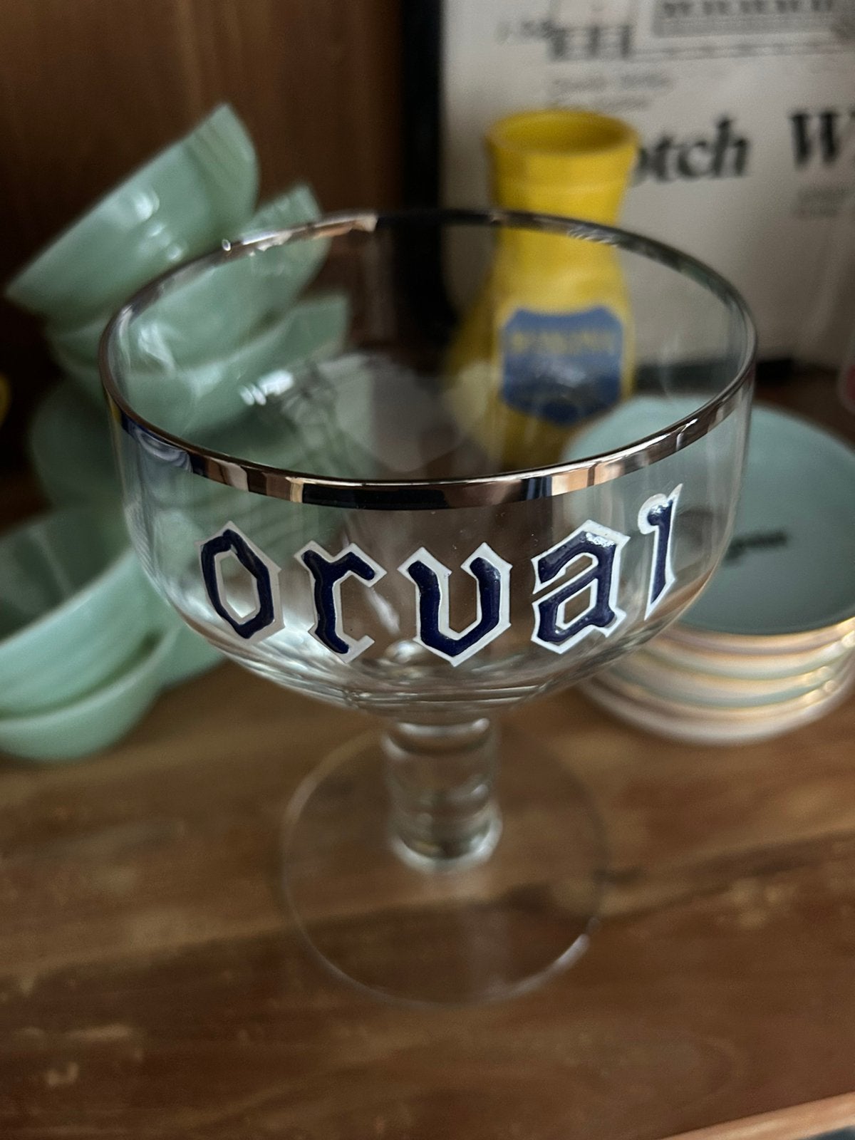 Orval antiek glas emaille letters, Verzamelen, Ophalen of Verzenden, Gebruikt, Bierglas