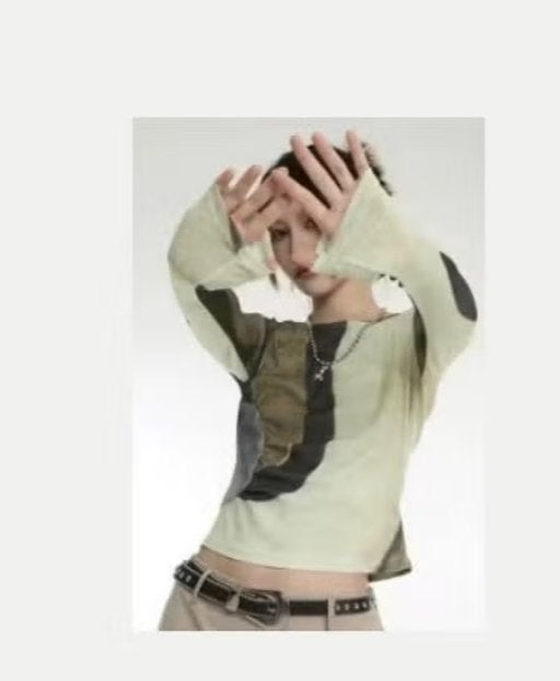 Vintage top Y2K grunge stijl Patchwork design lange mouwen, Ophalen of Verzenden, Nieuw, Maat 36 (S)