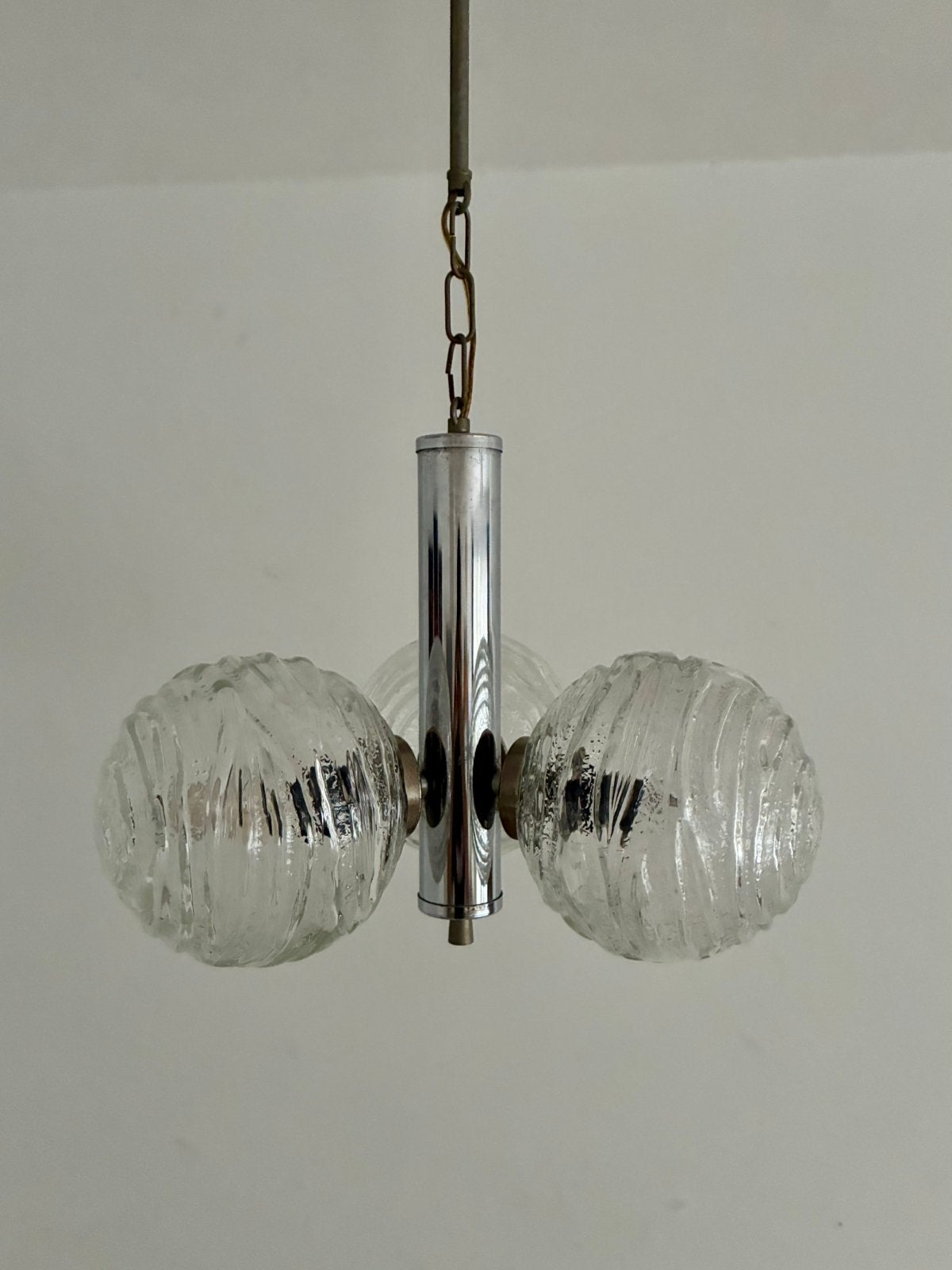 Vintage hanglamp 3 glazen bollen Fischer Leuchten, Gebruikt, E14 (klein), Ophalen of Verzenden, Glas