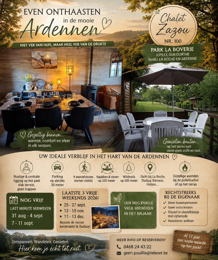 Knus chalet hartje Ardennen , rechtstreeks aan eigenaar., Jupille sur ourthe, Direct bij eigenaar, 2 kamers, Vrijstaande woning