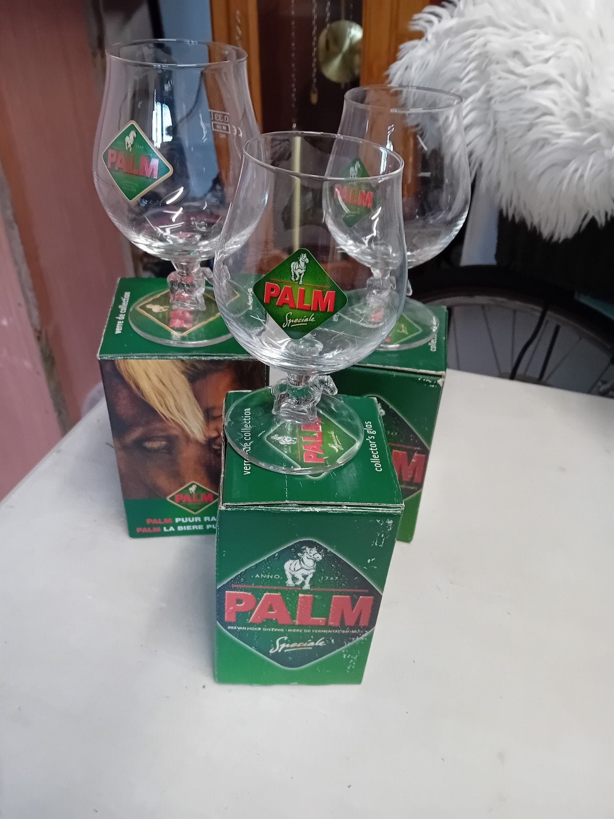 Palm glazen 1 groot en 2 kleine met glazen paardje op voet, Collections, Marques de bière, Enlèvement ou Envoi, Palm