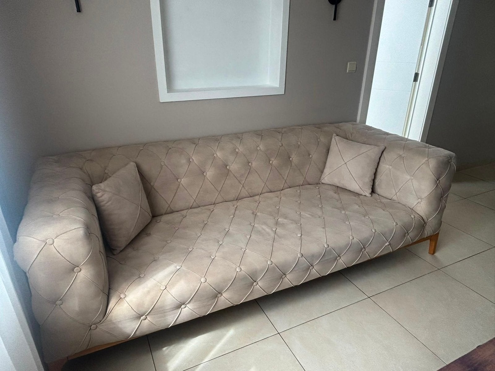 Chesterfield stof zetel beige 2 x 3 zit & 1 x 1 zit groen, Ophalen, Zo goed als nieuw, Stof