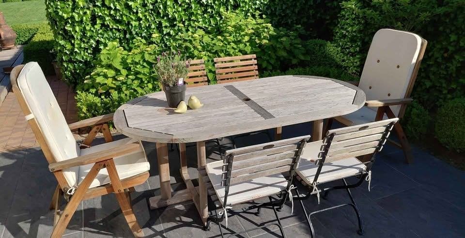 houten tuinset in teak, Salons de jardin, 8 places, Utilisé, Enlèvement