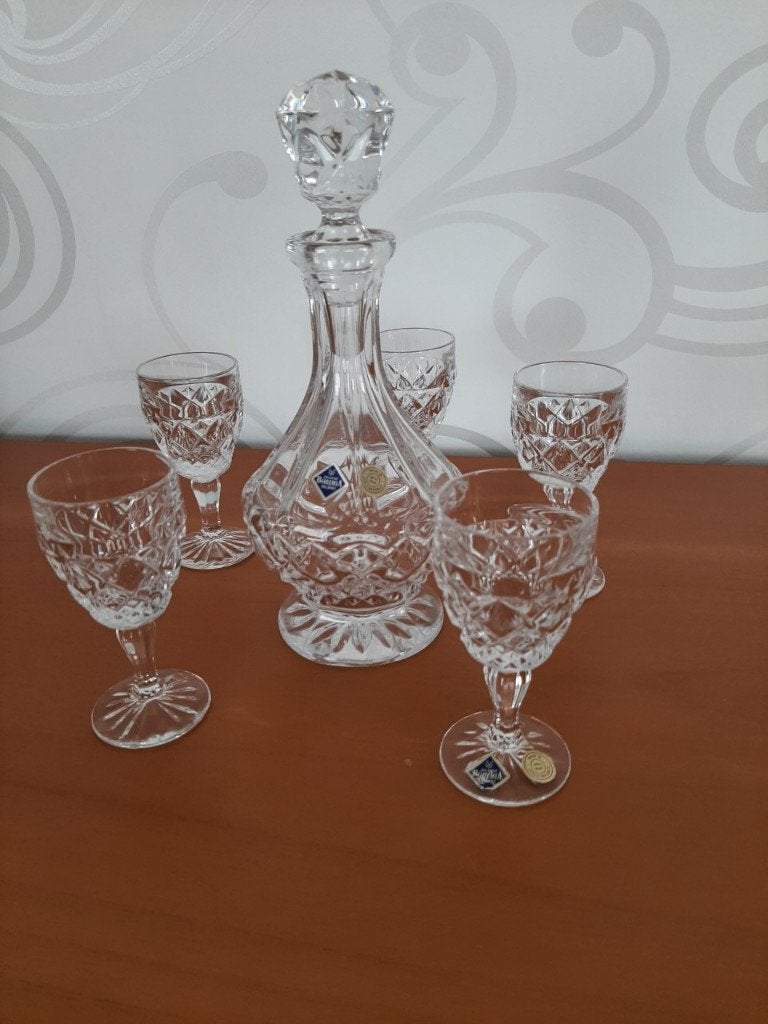 Kristallen karaf + 5 glazen Jihlavske Sklarny Bohemia, Antiek en Kunst, Ophalen