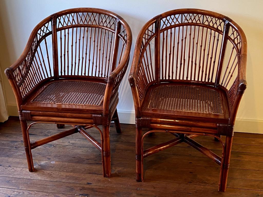 2 vintage Brighton Pavilion bamboe rotan fauteuils jaren '60, Ophalen, Vintage bohemian, Minder dan 75 cm, Riet of Rotan