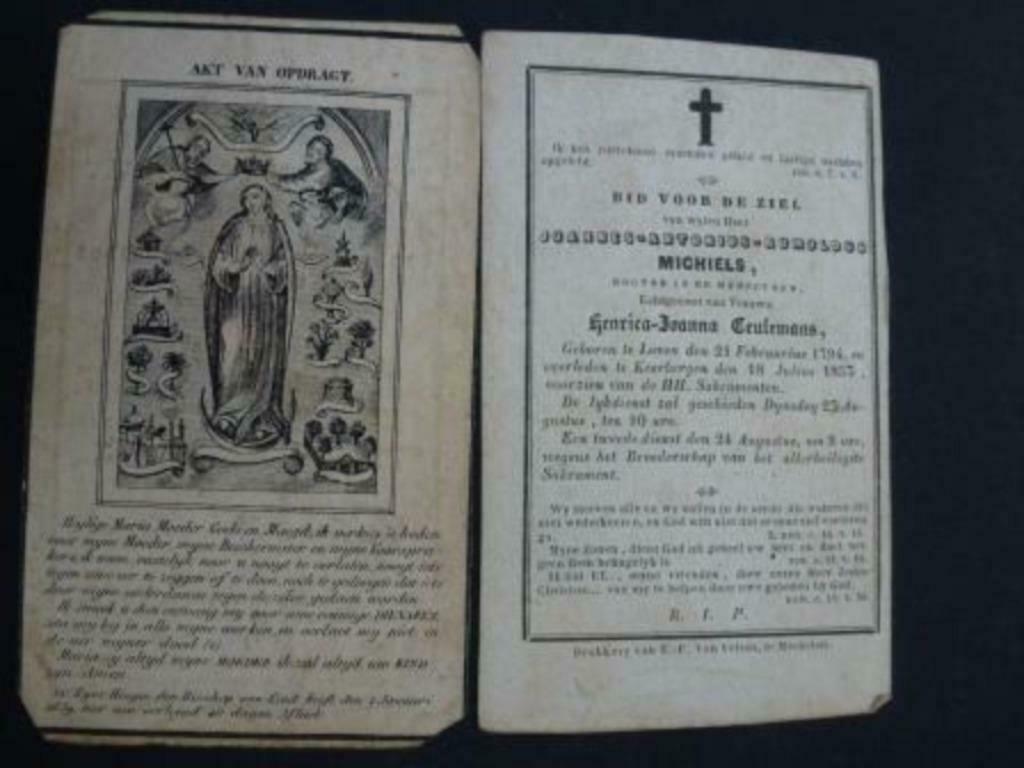 doodsprentje Michiels Joannes Antonius Rumoldus ° 1794, Verzenden, Rouwkaart