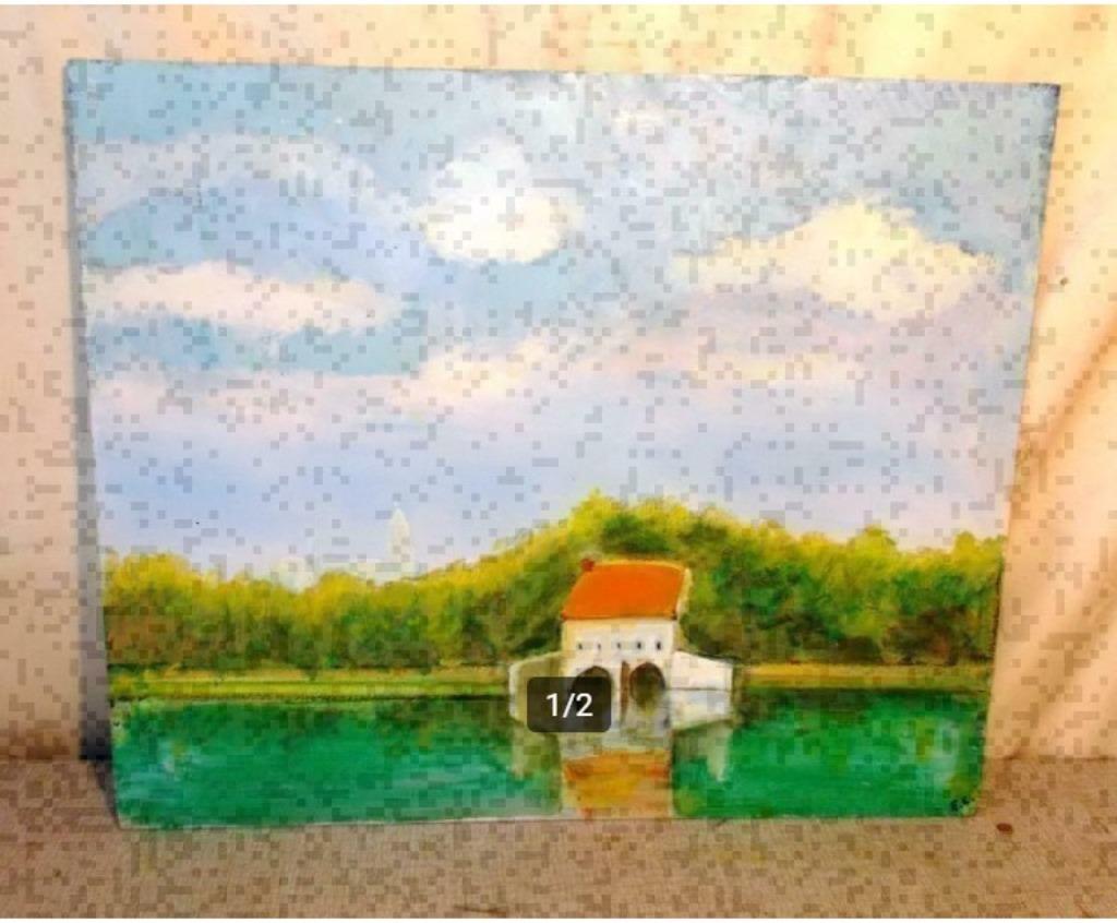 Mooi geschilderd Werk 'Sluis aan stuwdam' - EC, Antiek en Kunst, Ophalen of Verzenden