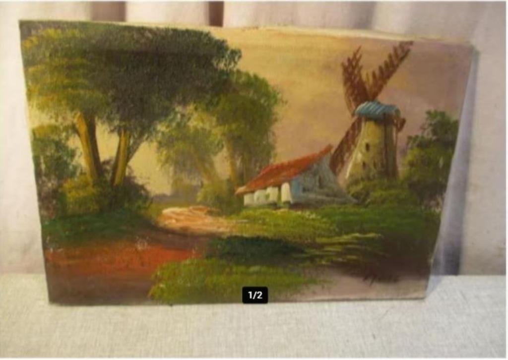 Mooi Oude Geschilderd Werk 'Hoeve en Molen' - gesigneerd, Ophalen of Verzenden