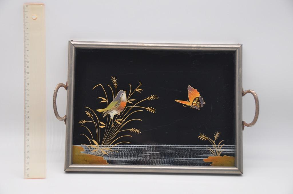 vintage dienblad - vogels - riet, Ophalen of Verzenden