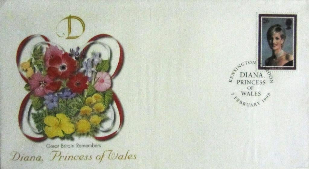 GROTE FDC- PRINSES DIANA MET POSTZEGEL LONDON/KENSINGTON, Ophalen of Verzenden, Gestempeld, Koningshuis