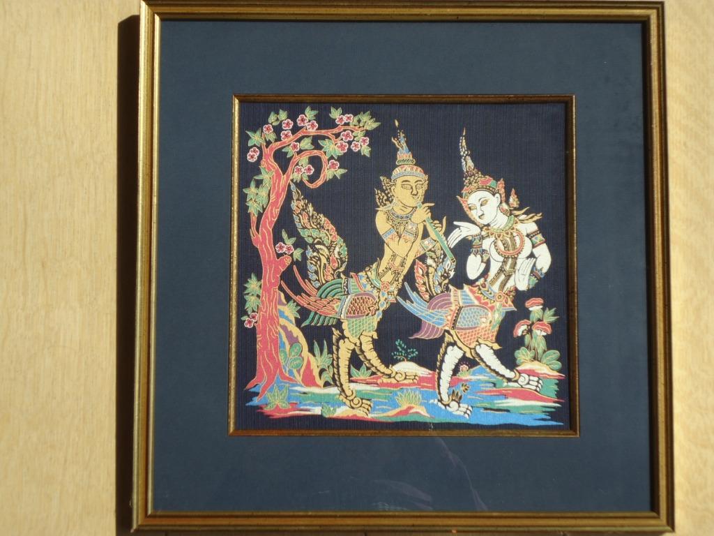 vintage peinture thaïlandaise sur soie, cadre doré, Enlèvement ou Envoi