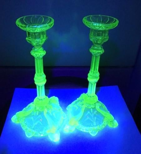 Uranium glas Kandelaars Val Saint Lambert Portieux Antiek✨😍, Ophalen of Verzenden, Kristal