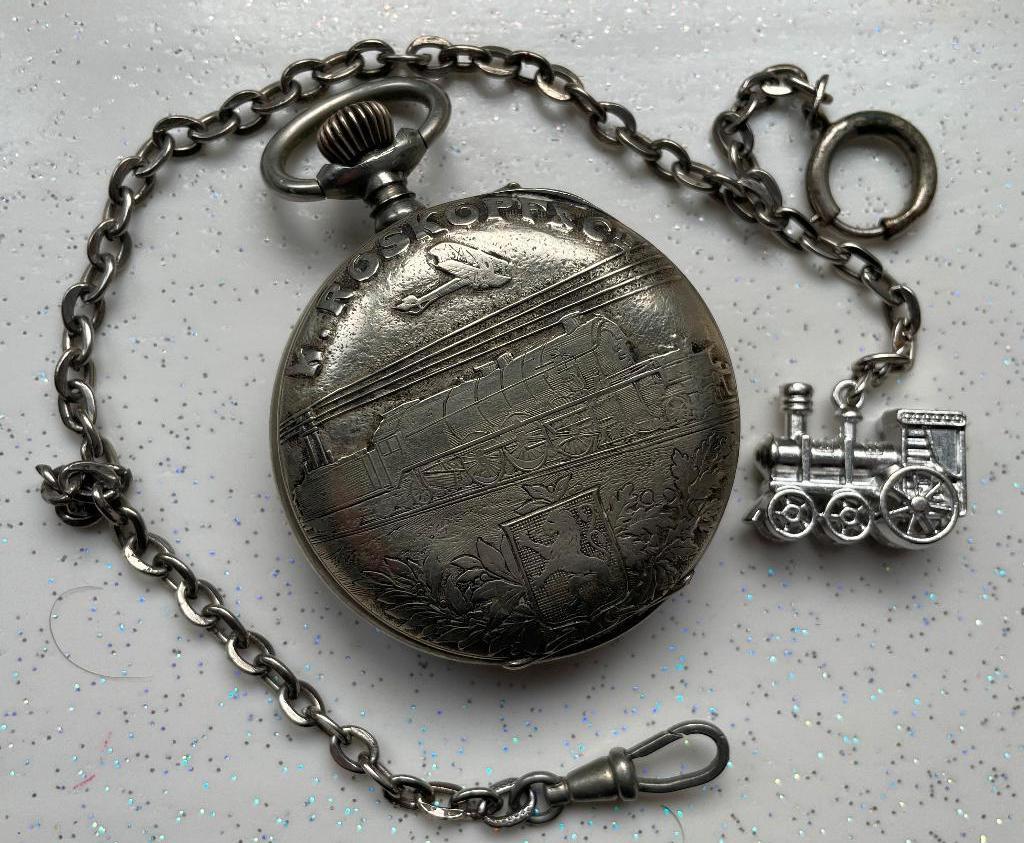 K ROSKOPF horloge, echt spoorweghorloge, Ophalen, Zakhorloge, Staal, 1900 tot 1930