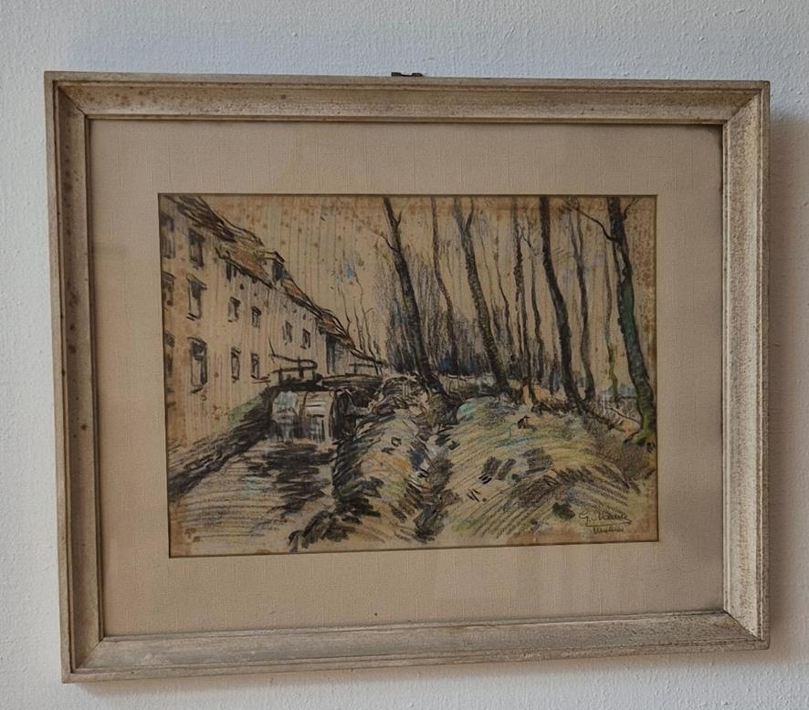 Fusain du peintre G.Massaux ''vue de la Woluwe'', Ophalen of Verzenden