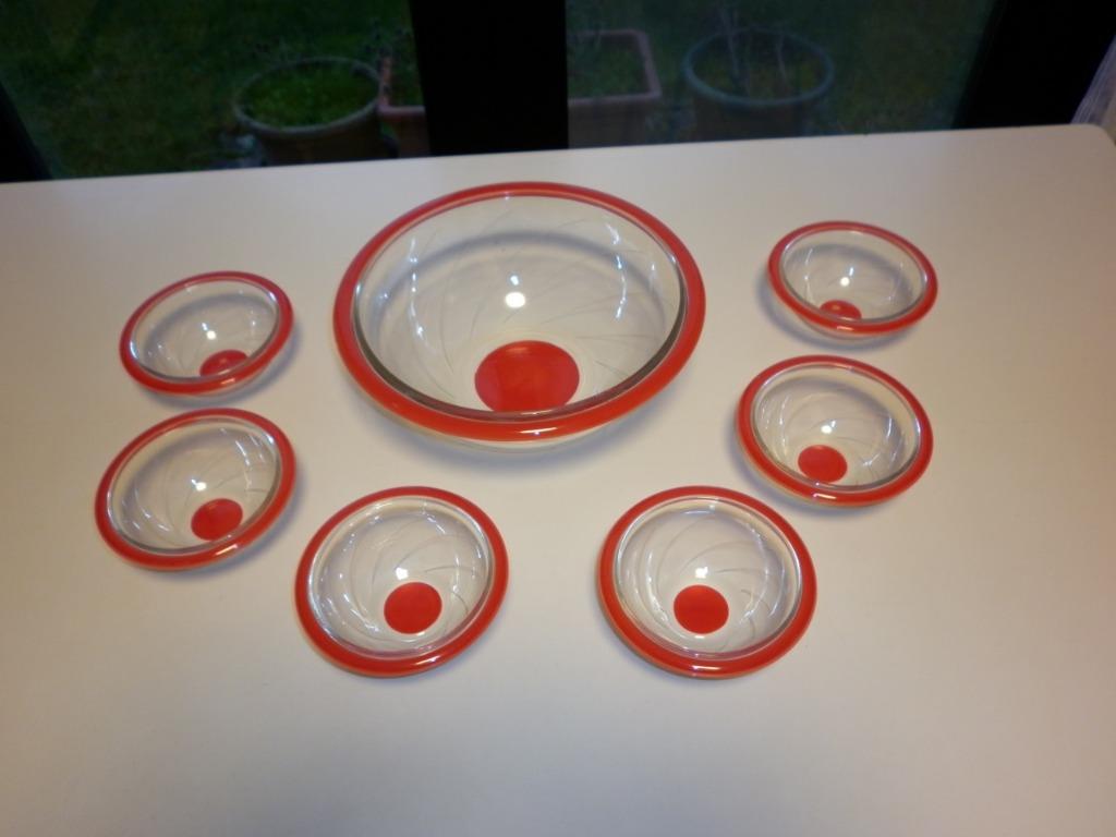 Saladier + coupes verre transparent et rouge 1+6, Antiquités & Art, Enlèvement ou Envoi