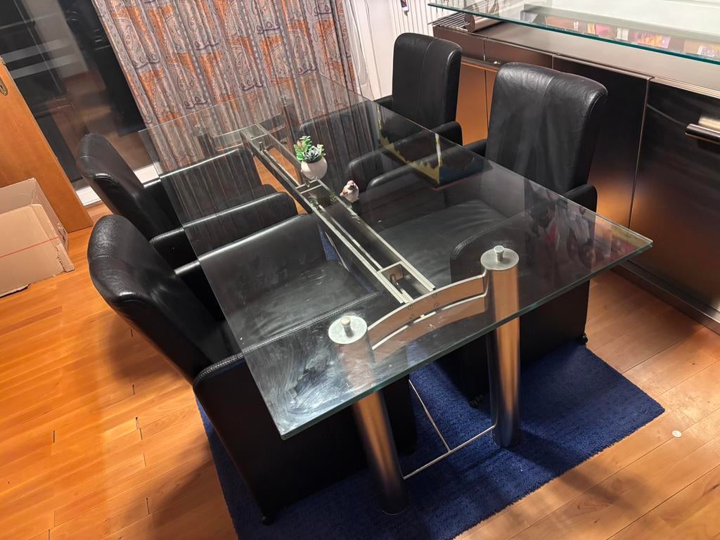 Belgo-Chrom: Modern glazen eettafel met 6 luxe leren stoelen, Ophalen, Zo goed als nieuw, Glas