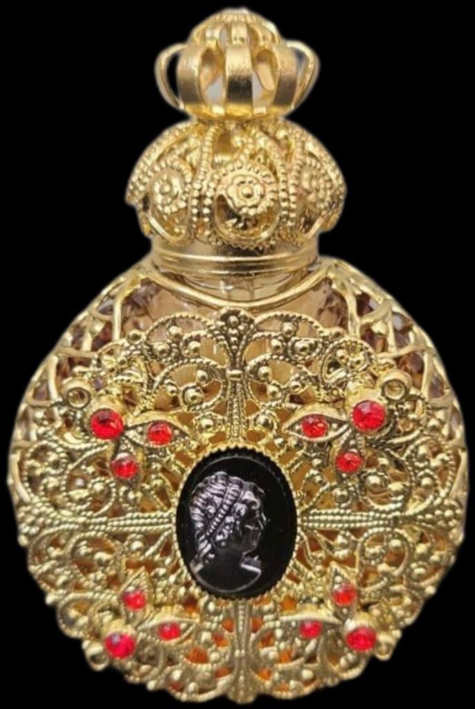 Art Deco Parfum Flesje Goudtoon Flacon Filigrain Cameo Amber, Antiquités & Art, Envoi