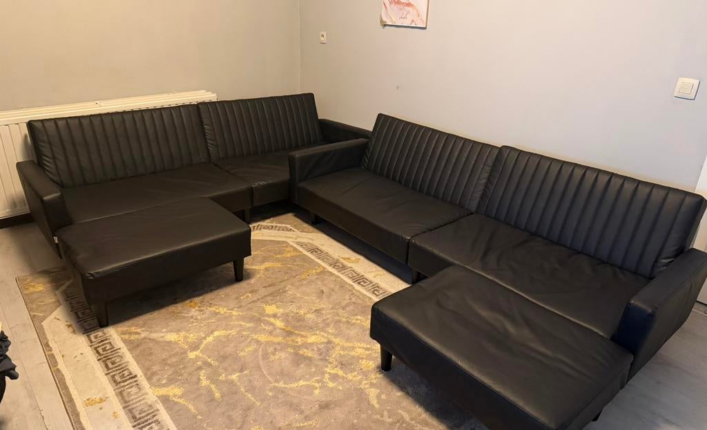 Zwarte loungeset + poef kunstleer, Ophalen, Gebruikt
