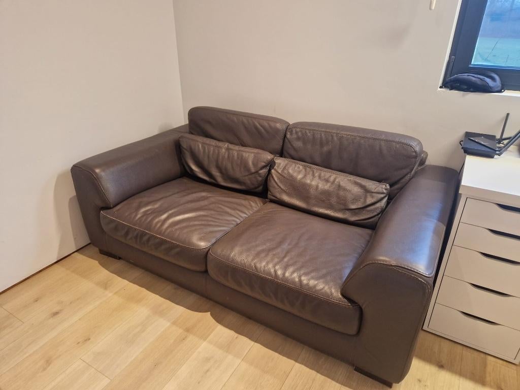 Stijlvolle taupe lederen salonset – 3-zit, 2-zit & poef, Enlèvement, Utilisé, Banc droit, Cuir