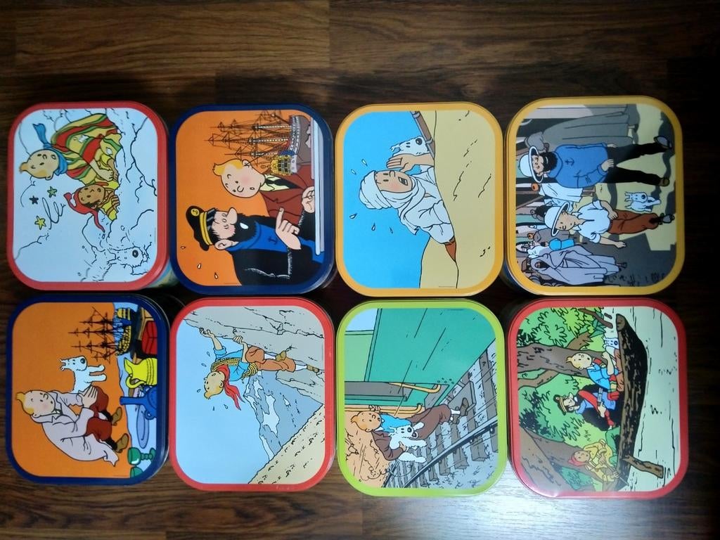 Kuifje koekendozen 8 stuks, Verzamelen, Ophalen, Zo goed als nieuw