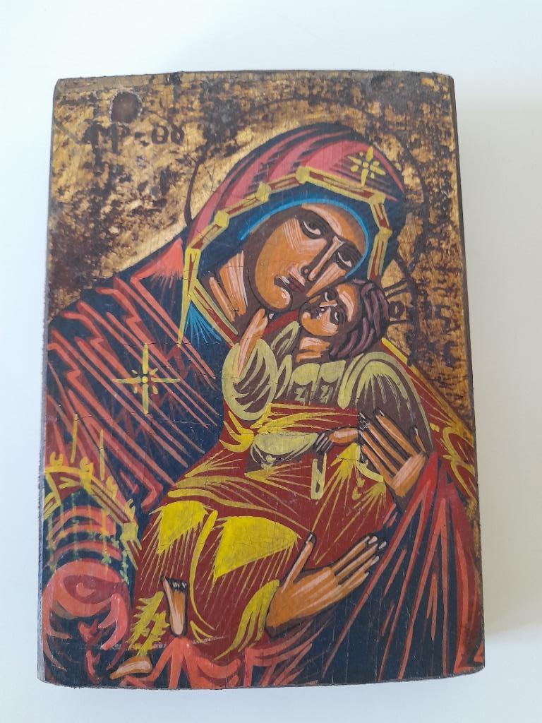 Grieks icoon; Maria met kindje Jezus.  Handgeschilderd., Ophalen of Verzenden, Zo goed als nieuw, Overige typen, Christendom | Katholiek