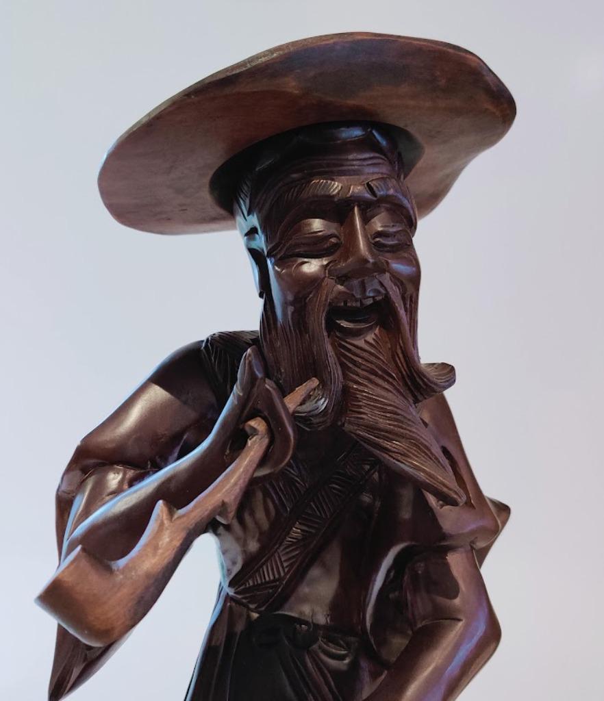 Statue asiatique orientale en bois sculpté pêcheur 48cm, Antiquités & Art, Enlèvement ou Envoi