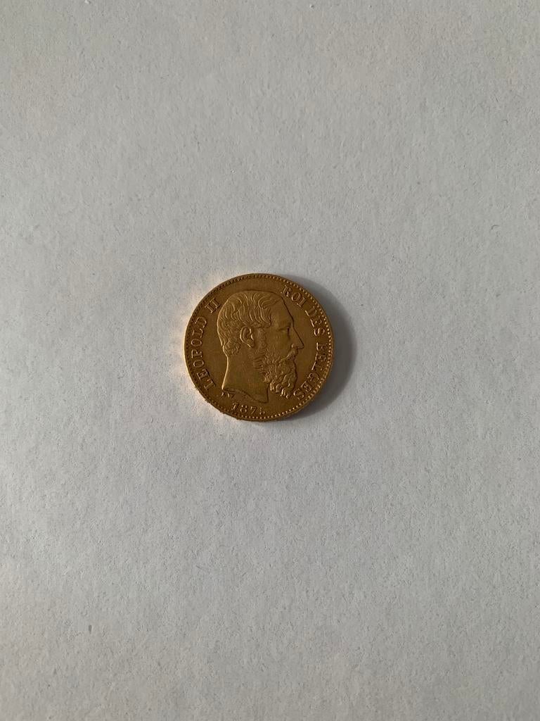 Goud 20 francs belgie 1875 Leopold 2, Losse munt, Goud, Goud, Ophalen of Verzenden