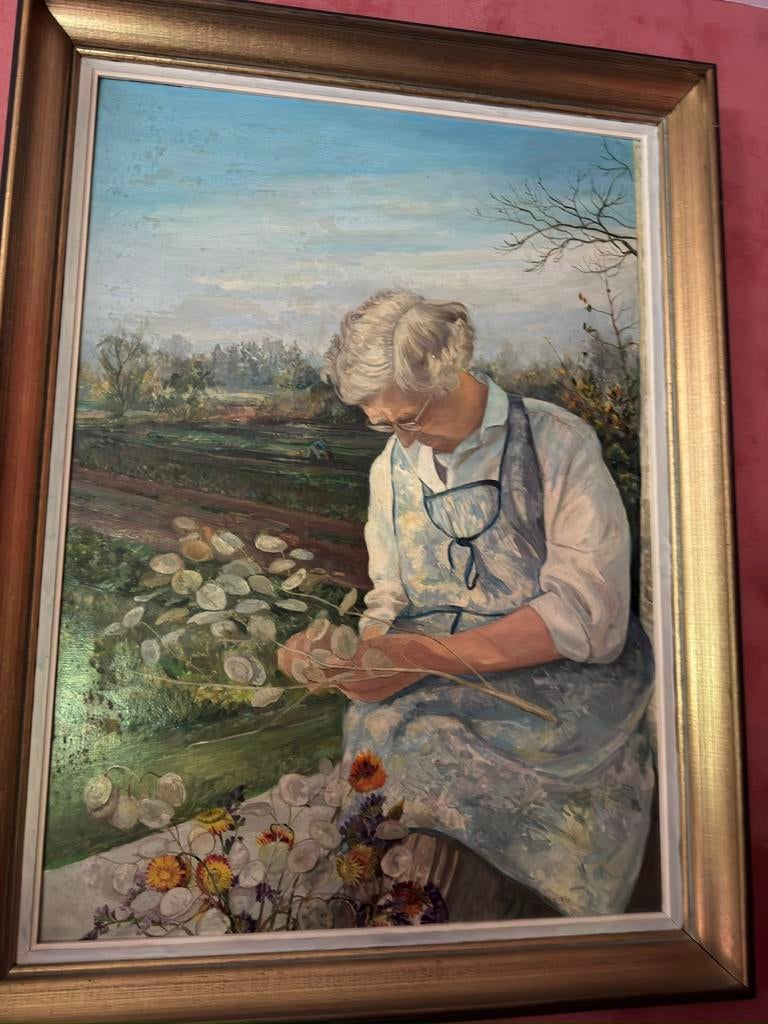 Oil painting of an elderly woman in a rural setting., Ophalen