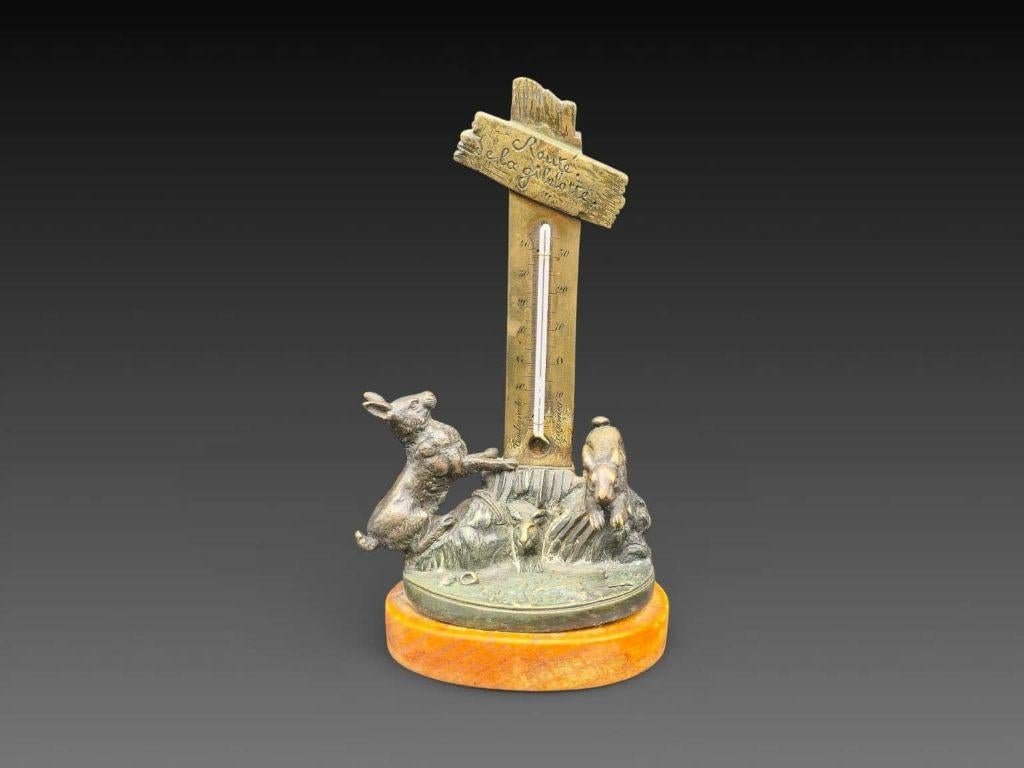 Bronzen thermometer konijnen „route de la gibelotte”, Antiek en Kunst, Ophalen of Verzenden