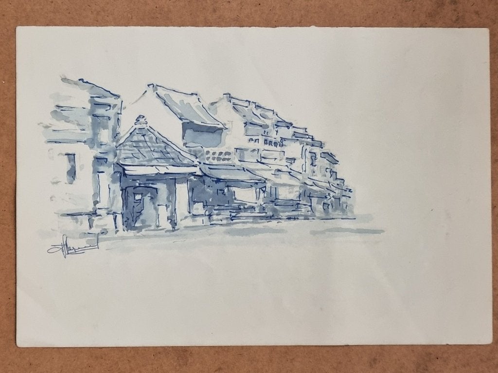Blauwe inkt- en aquareltekening straatje - dubbelzijdig, Ophalen, Tekening, Aquarel, Gesigneerd