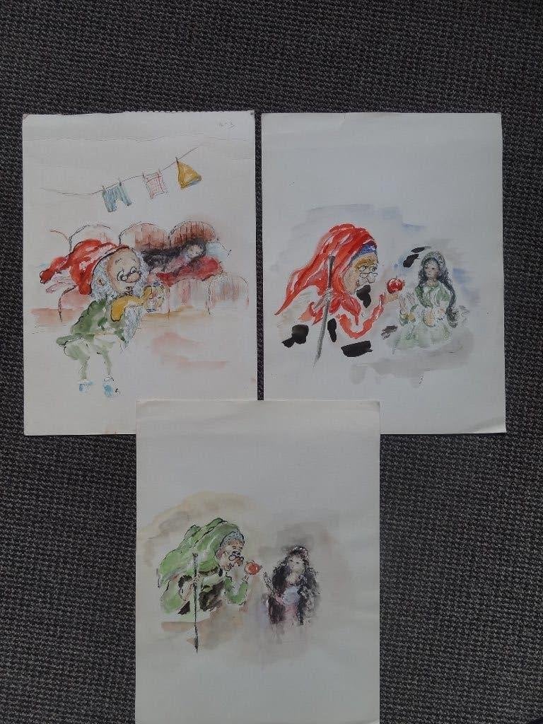 Trois aquarelles originales, scènes de contes de fées, Autres sujets, Aquarelle, Papier, Peint à la main