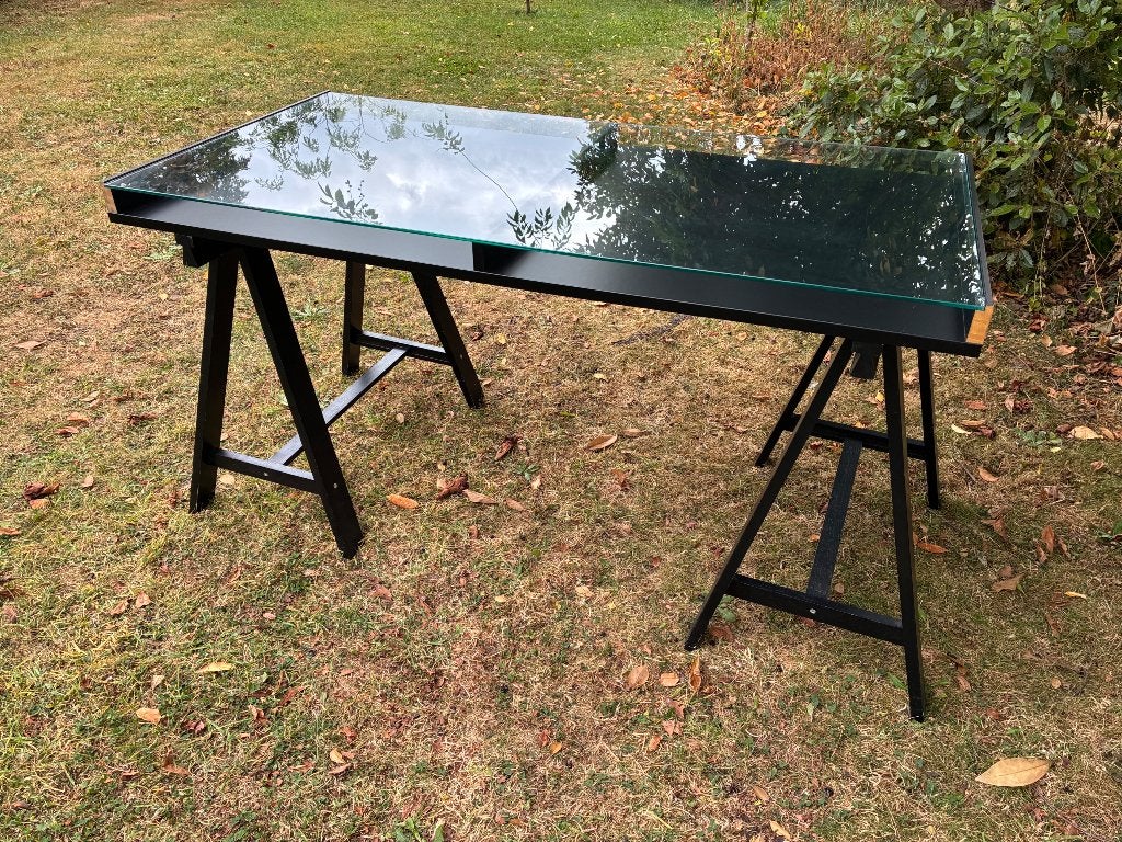 Bureau met glazen werkblad, Ophalen, Zwart, Gebruikt, Demontabel