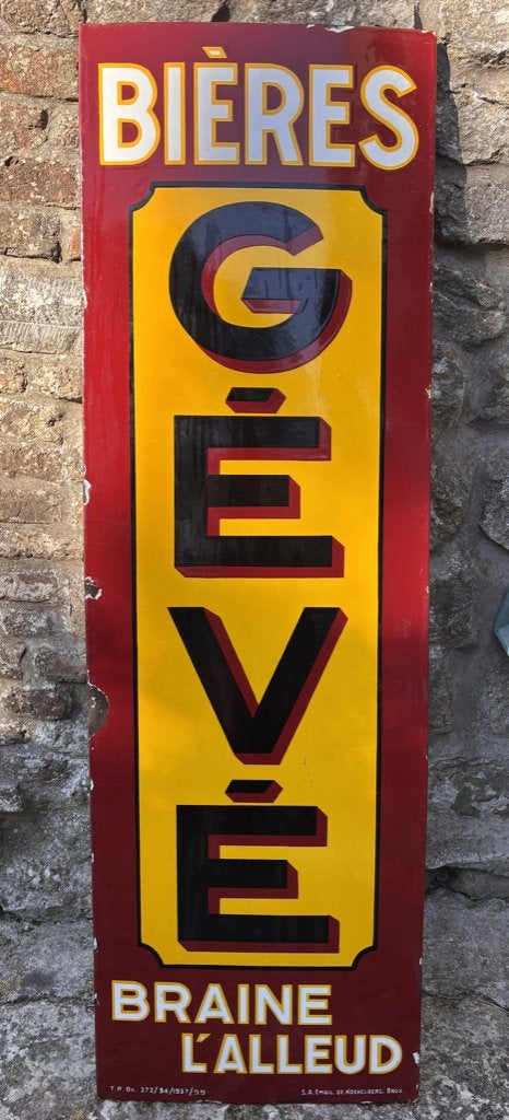 Bières GéVé plaque émaillée datée 1937 46x146cm collection, Enlèvement, Utilisé, Panneau, Plaque ou Plaquette publicitaire, Autres marques