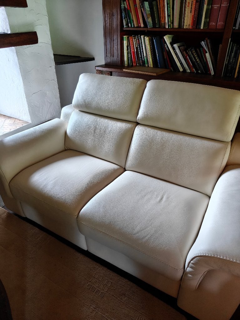 Wit lederen salon (2-zit +1zit) MET relaxfunctie, Huis en Inrichting, Ophalen, 150 tot 200 cm, Tweepersoons, Zo goed als nieuw